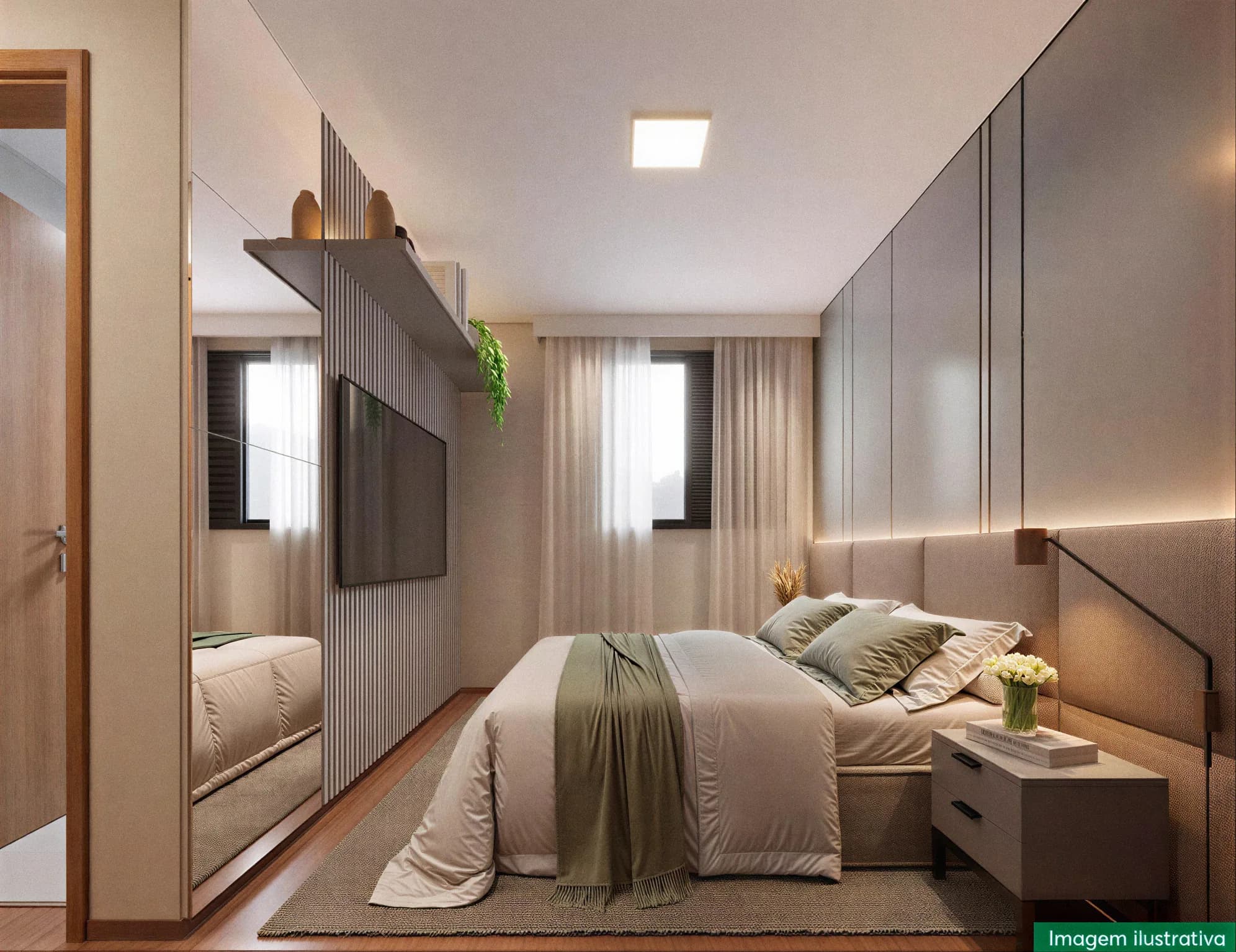 Suíte decorada com cama de casal e painel de madeira