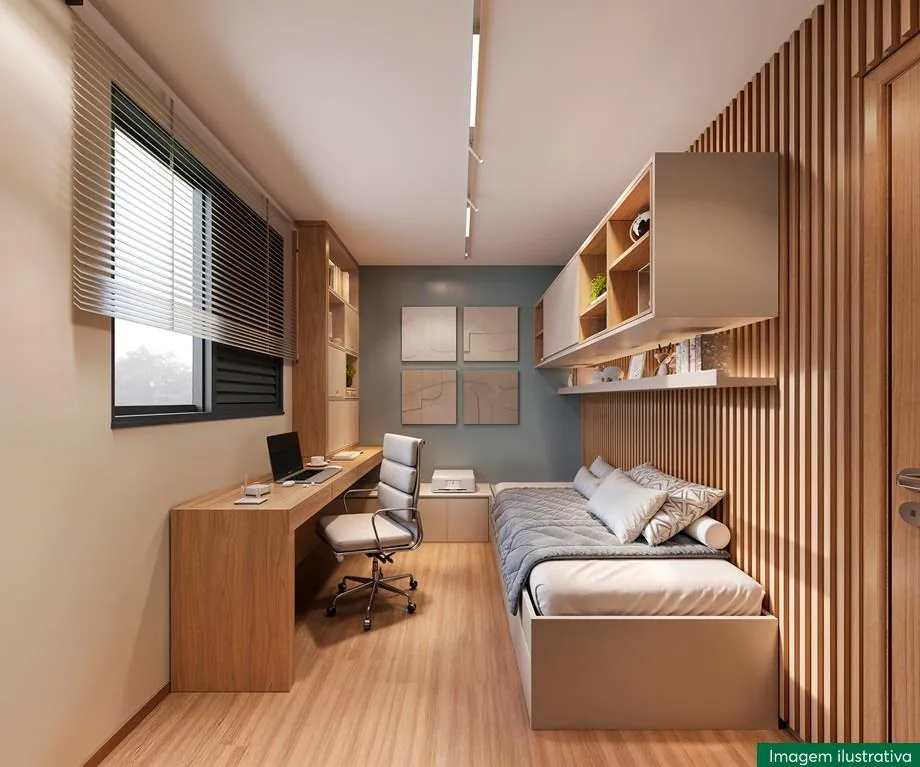 Segundo quarto decorado com cama de solteiro e mesa de trabalho