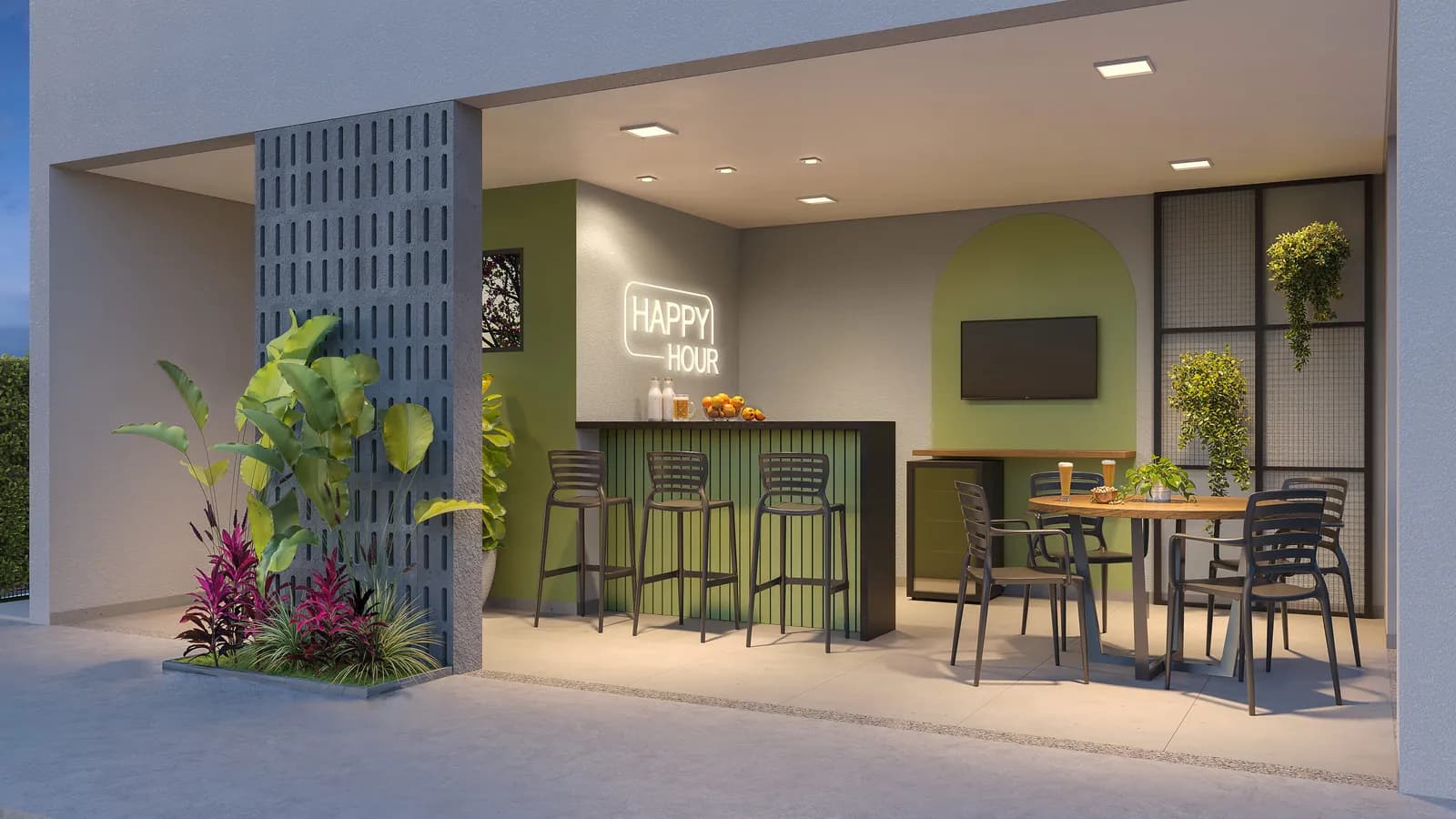 Espaço happy hour com balcão, banquetas e mesas
