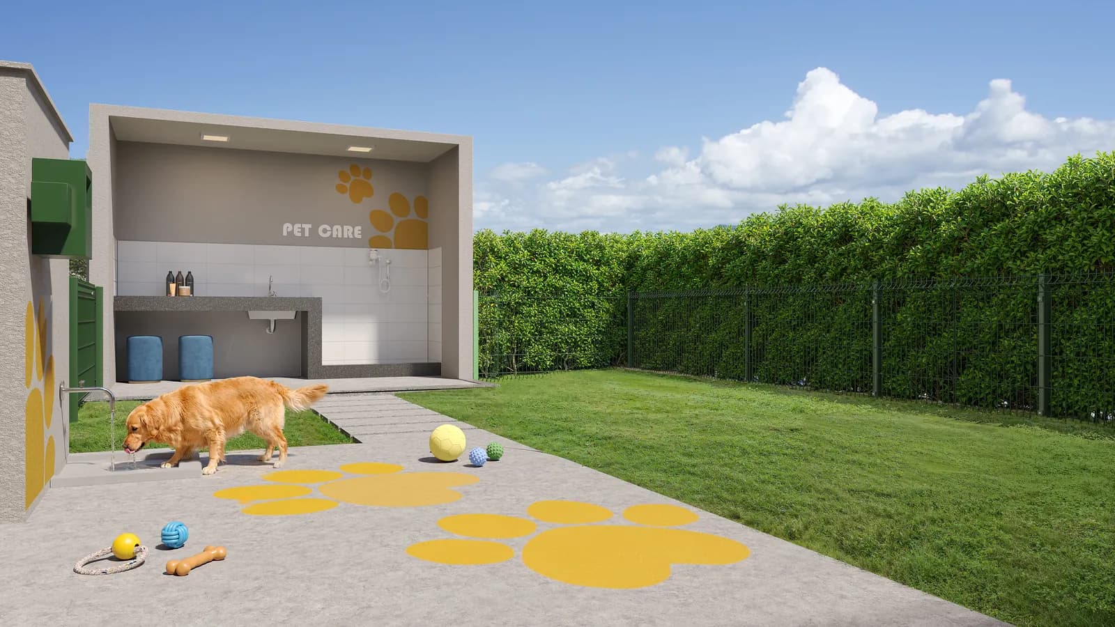 Pet place gramado com cachorro e brinquedos