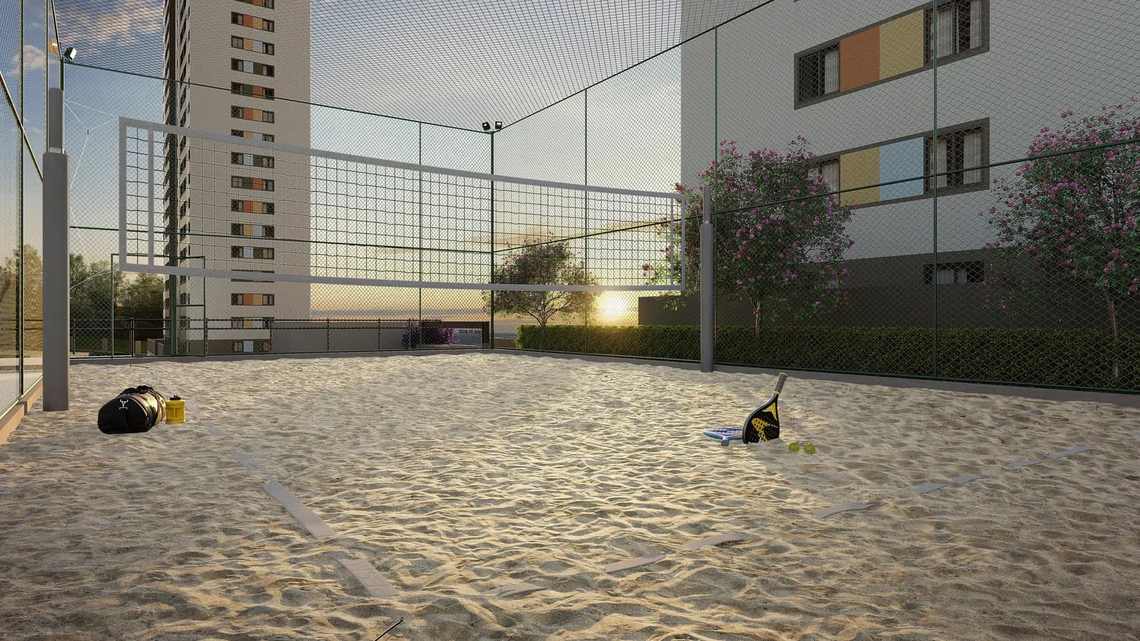 Quadra de areia com rede ao entardecer