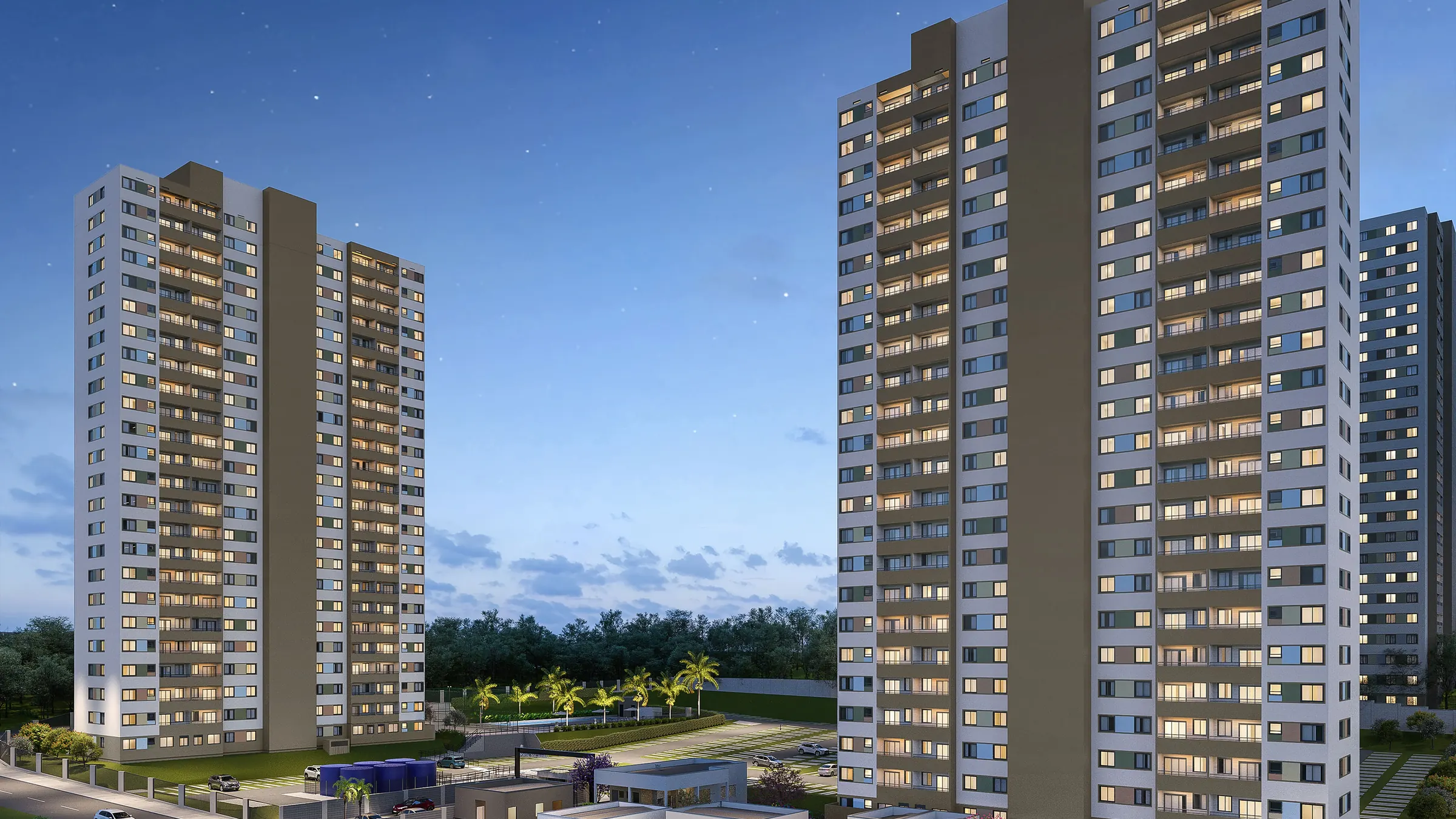 Torres do Portal dos Jatobás iluminadas ao entardecer