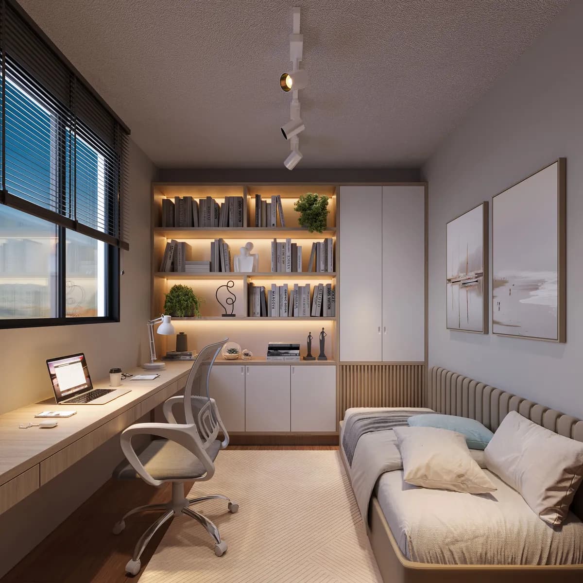 Segundo dormitório decorado com mesa de trabalho e sofá-cama