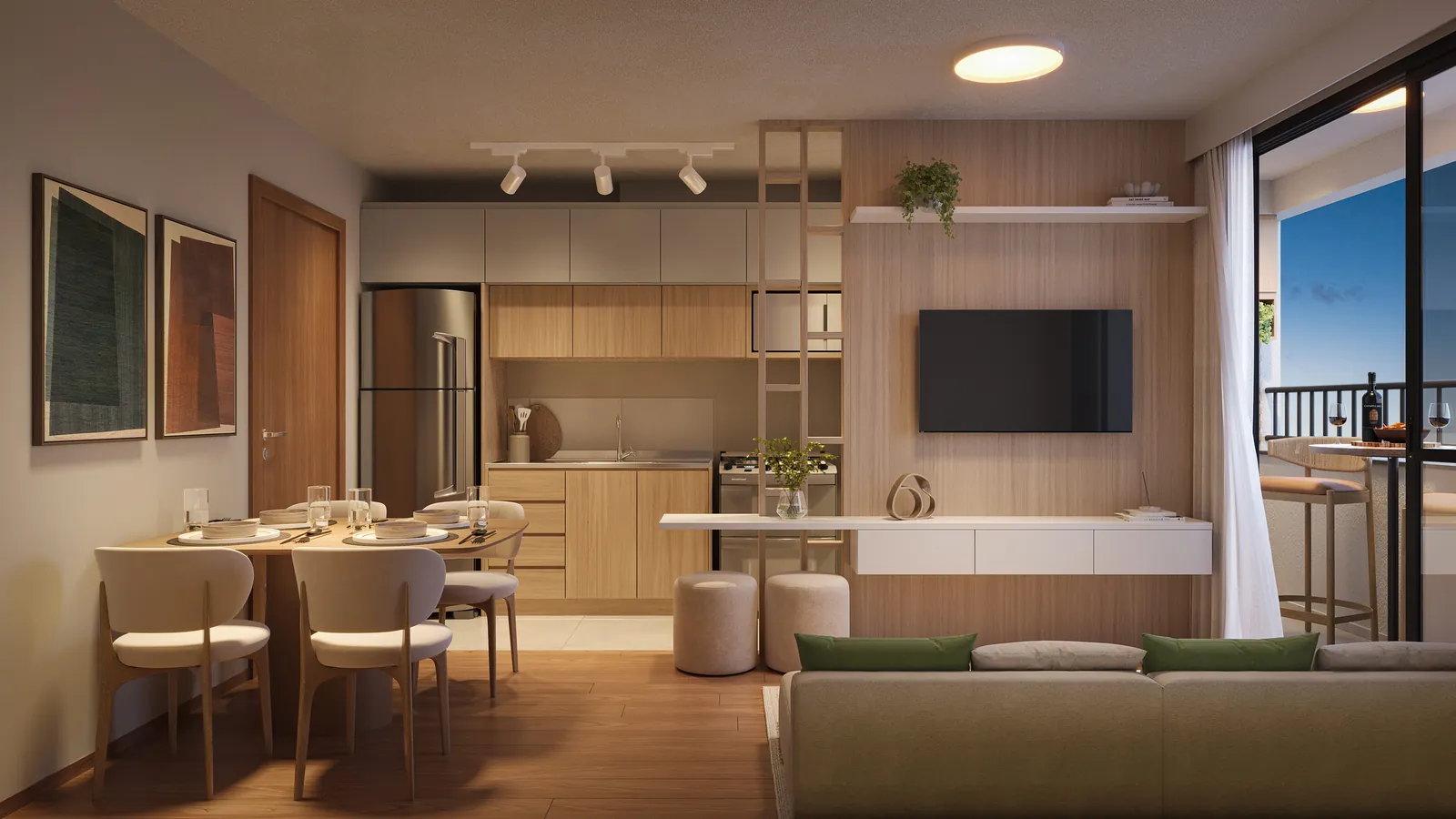 Sala integrada à cozinha, com mesa de jantar e acesso à varanda