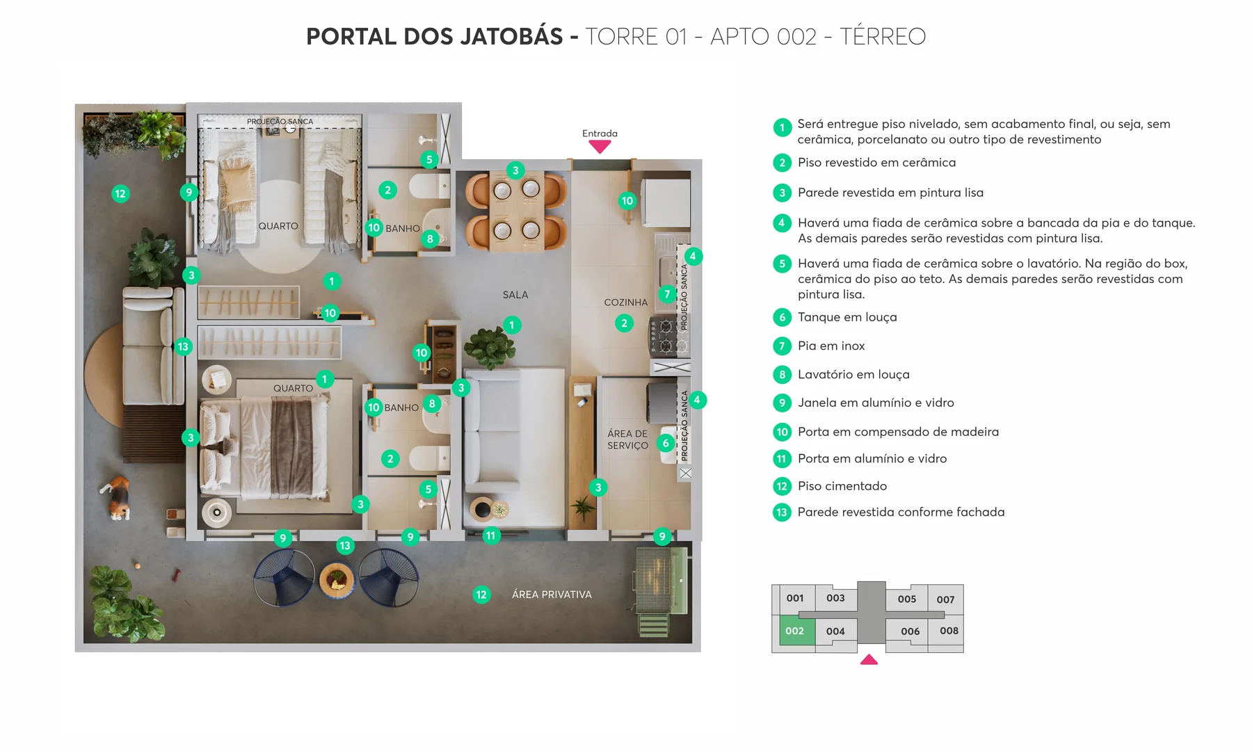 Planta oficial do apartamento térreo, com dois dormitórios, sala, cozinha, varanda e área privativa
