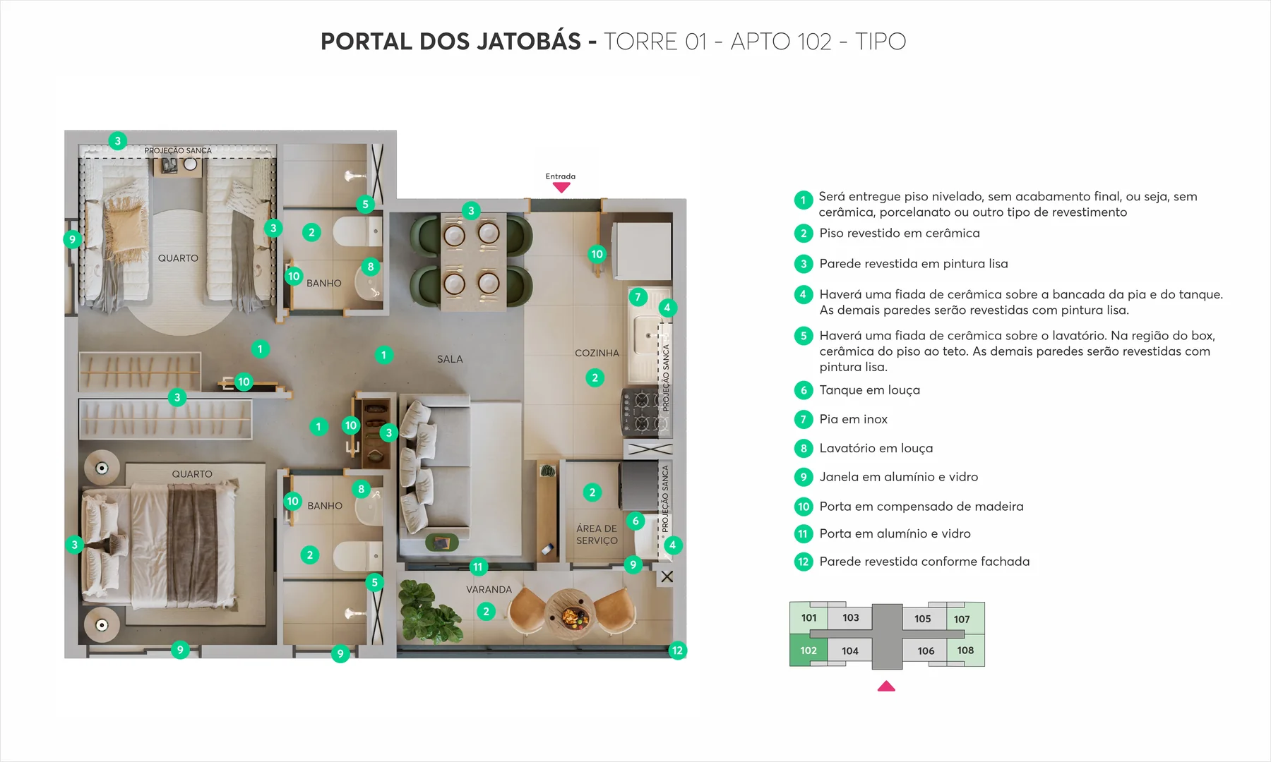Planta oficial do apartamento tipo, com dois dormitórios, sala, cozinha, área de serviço e varanda